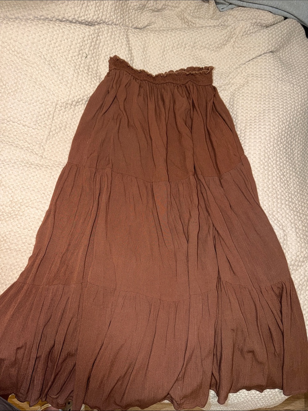 Women's Tiered Midi Skirt in Rich Brown - Elastic Waist
